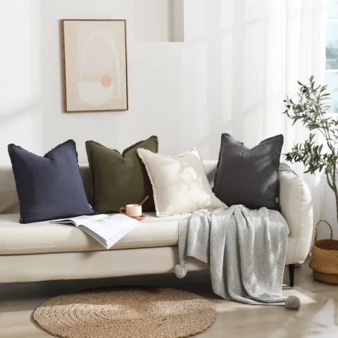 Washed Linen Textured Boho Farmhouse Pillow Cover With Tassels Edge (Set of 2)