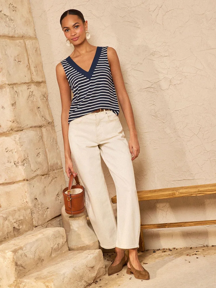 Love & Roses Navy and White Stripe Chiffon Trim V-Neck Jersey Vest
