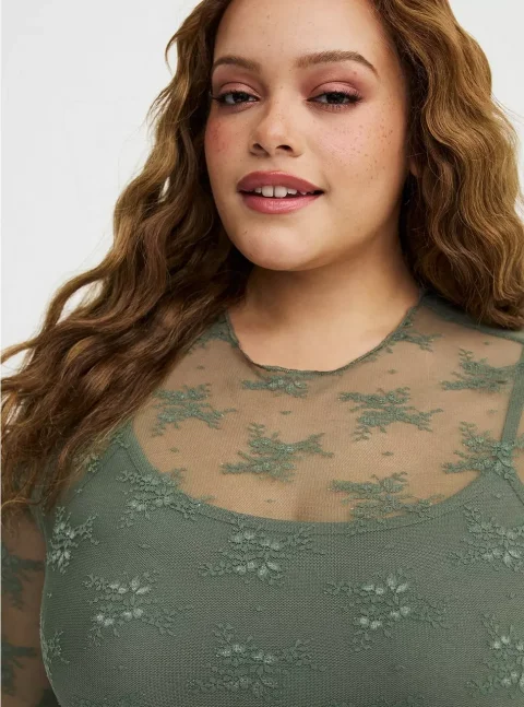 Sheer Lace Long Sleeve Crew Top for Plus Size
