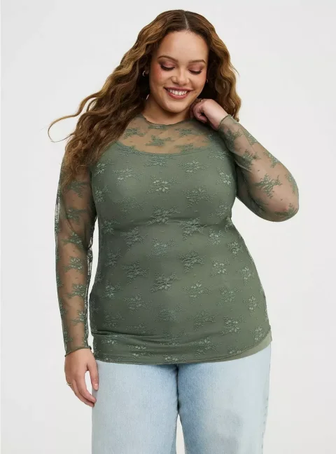 Sheer Lace Long Sleeve Crew Top for Plus Size