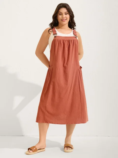 Women Plus Size Pure Cotton Pleated Pockets Midi Dress Leisure Gathered Square Neck Sleeveless Curvy BloomChic