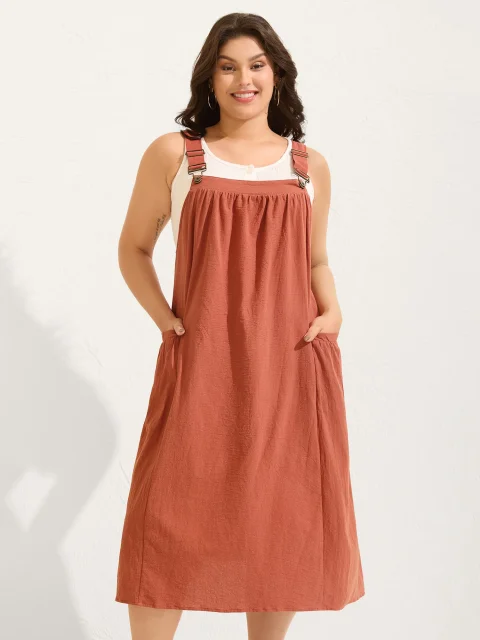 Women Plus Size Pure Cotton Pleated Pockets Midi Dress Leisure Gathered Square Neck Sleeveless Curvy BloomChic