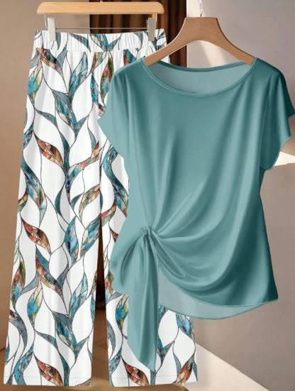 SHEIN Summer Outfits 2Pcs Women Casual Minimalist Green Bowknot Shirt & Loose Straight Geometric Print Pants Set