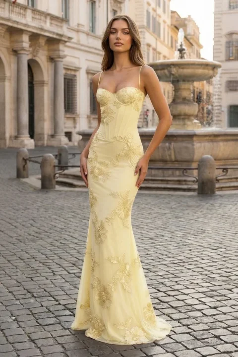 Kissprom Yellow Spaghetti Straps Sheath Long Prom Dresses With Floral Embroidery