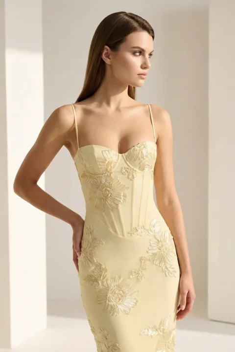 Kissprom Yellow Spaghetti Straps Sheath Long Prom Dresses With Floral Embroidery