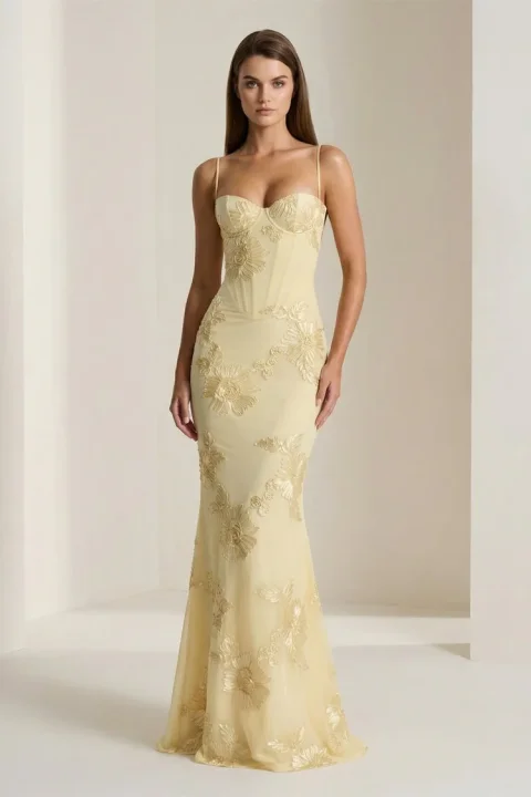 Kissprom Yellow Spaghetti Straps Sheath Long Prom Dresses With Floral Embroidery