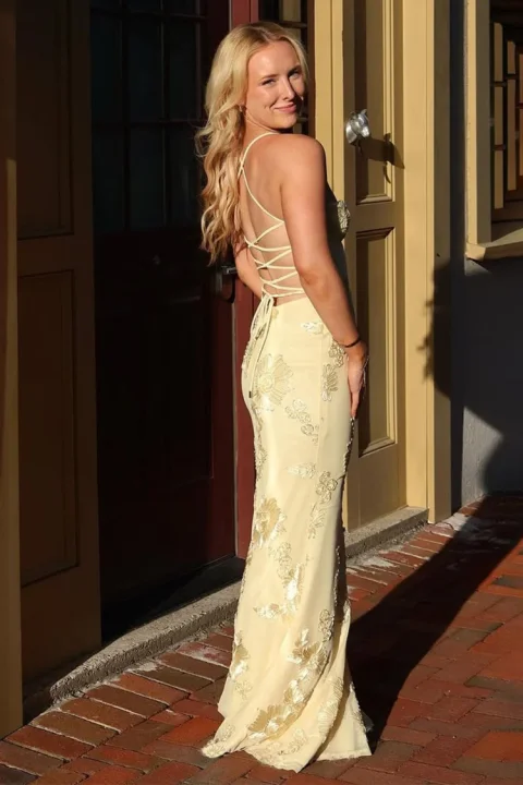 Kissprom Yellow Spaghetti Straps Sheath Long Prom Dresses With Floral Embroidery