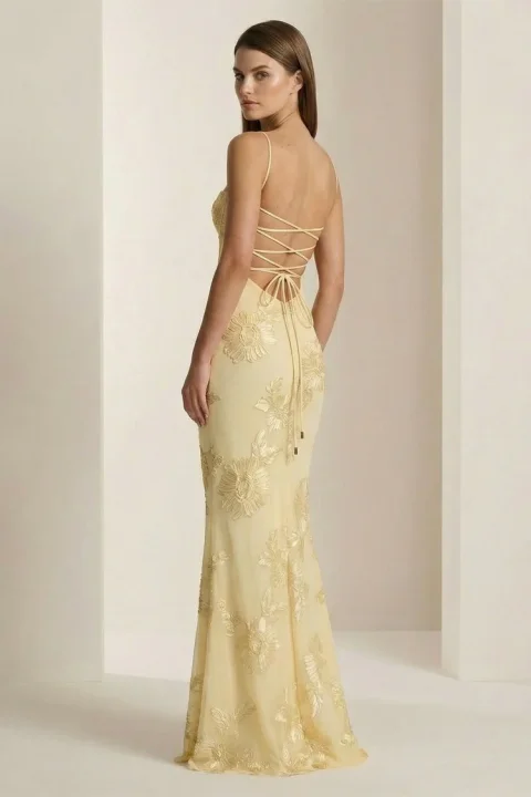 Kissprom Yellow Spaghetti Straps Sheath Long Prom Dresses With Floral Embroidery