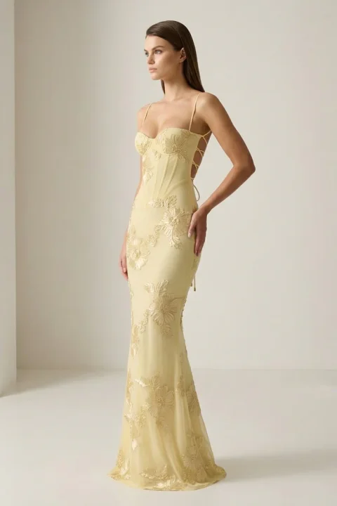 Kissprom Yellow Spaghetti Straps Sheath Long Prom Dresses With Floral Embroidery