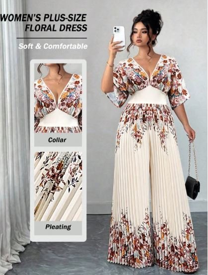 Elenzga Women's Printed Deep V Neck Batwing Sleeve Pleated Elegant Jumpsuit Business Casual Summer Women's Outfit Western Wear