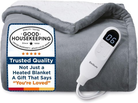 Bedsure Heated Blanket Throw Blanket - Fast Heating Electric Blanket, Soft Flannel Heated Throw with 4 Time Settings, 6 Heating Settings, Warm Gifts for Grandma & Grandpa & Seniors (50"x60", Grey)