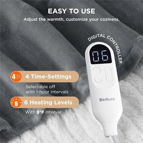 Bedsure Heated Blanket Throw Blanket - Fast Heating Electric Blanket, Soft Flannel Heated Throw with 4 Time Settings, 6 Heating Settings, Warm Gifts for Grandma & Grandpa & Seniors (50"x60", Grey)