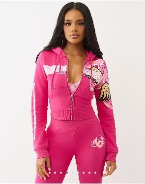 Women's True Religion X Von Dutch Crystal Shrunken Zip Hoodie - hoodie with hidden pockets for travel security