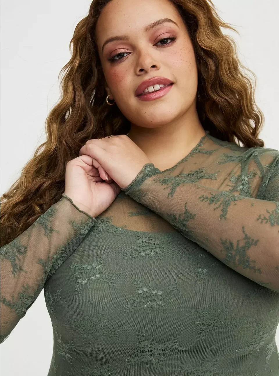 Sheer Lace Long Sleeve Crew Top for Plus Size