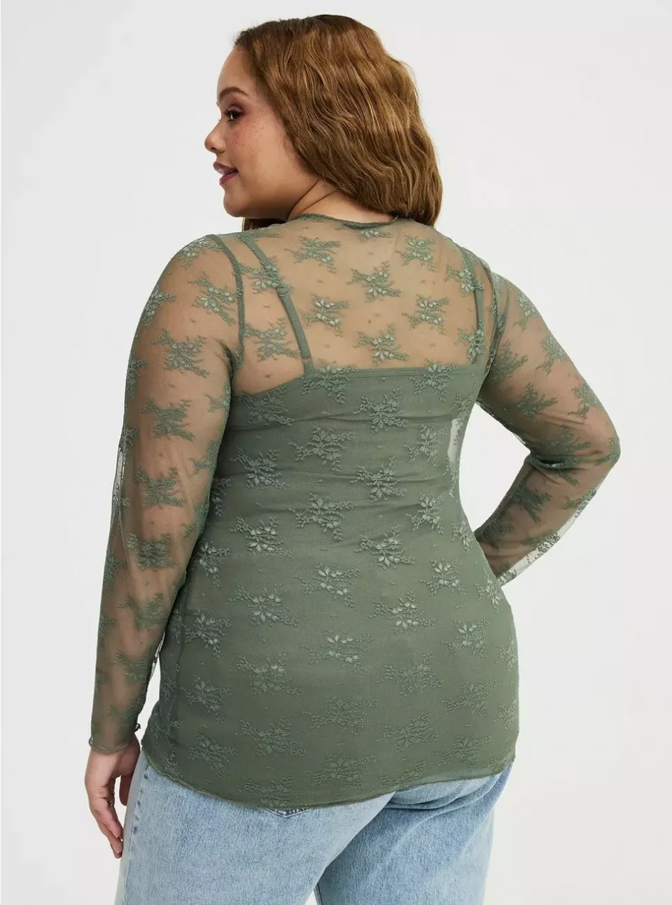 Sheer Lace Long Sleeve Crew Top for Plus Size