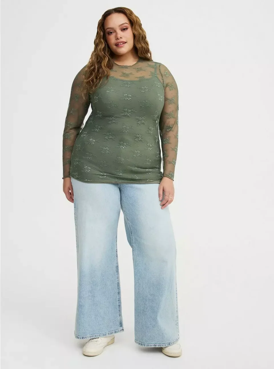 Sheer Lace Long Sleeve Crew Top for Plus Size