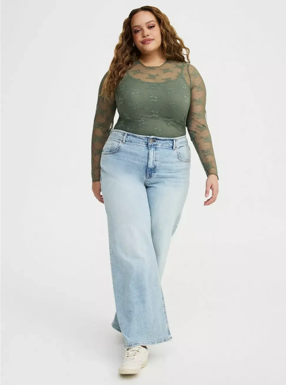 Sheer Lace Long Sleeve Crew Top for Plus Size