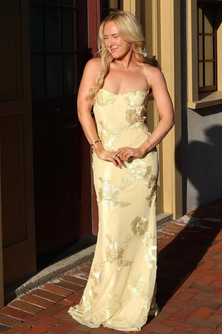 Kissprom Yellow Spaghetti Straps Sheath Long Prom Dresses With Floral Embroidery