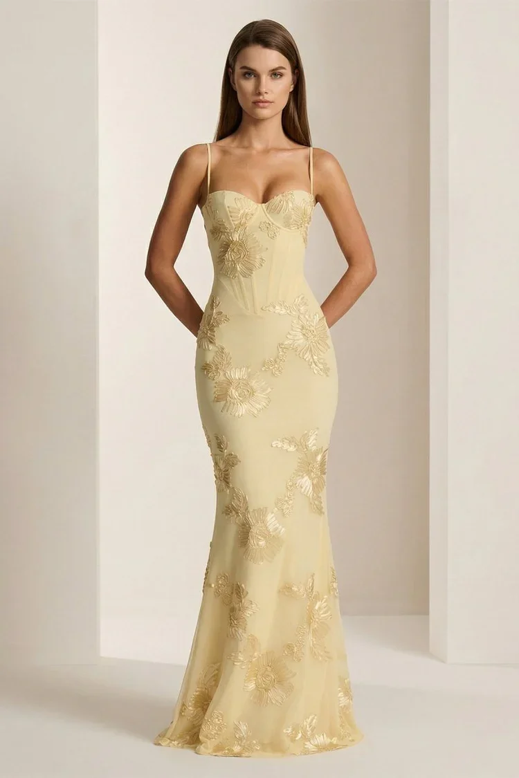 Kissprom Yellow Spaghetti Straps Sheath Long Prom Dresses With Floral Embroidery