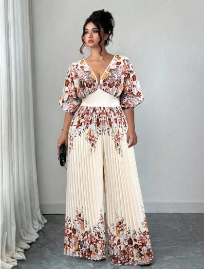 Elenzga Women's Printed Deep V Neck Batwing Sleeve Pleated Elegant Jumpsuit Business Casual Summer Women's Outfit Western Wear