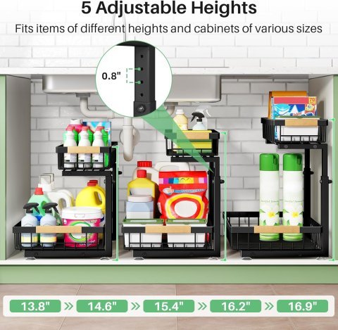 Kitstorack Under Sink Organizer 2 Pack | 2 Tier Sliding Cabinet Storage Shelves for Kitchen and Bathroom Organization