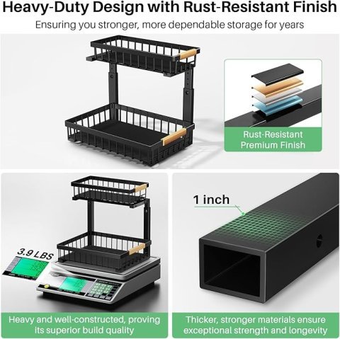 Kitstorack Under Sink Organizer 2 Pack | 2 Tier Sliding Cabinet Storage Shelves for Kitchen and Bathroom Organization