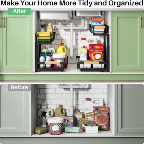 Kitstorack Under Sink Organizer 2 Pack | 2 Tier Sliding Cabinet Storage Shelves for Kitchen and Bathroom Organization
