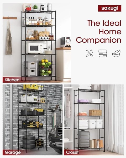 Sakugi 5 Tier Heavy Duty Storage Shelves | Metal Garage Shelving Unit for Pantry Kitchen Closet and Home Organization