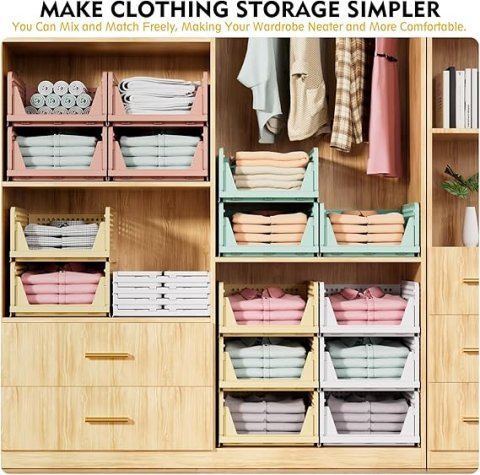 SNSLXH 5 Pack Stackable Closet Storage Baskets | Foldable Space Saving Closet Organizer for Clothes and Home Storage