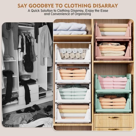 SNSLXH 5 Pack Stackable Closet Storage Baskets | Foldable Space Saving Closet Organizer for Clothes and Home Storage