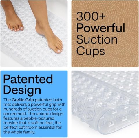 GORILLA GRIP Bath Tub Shower Mat 35x16 Inch | Non Slip Bathtub Mat with Suction Cups and Drain Holes