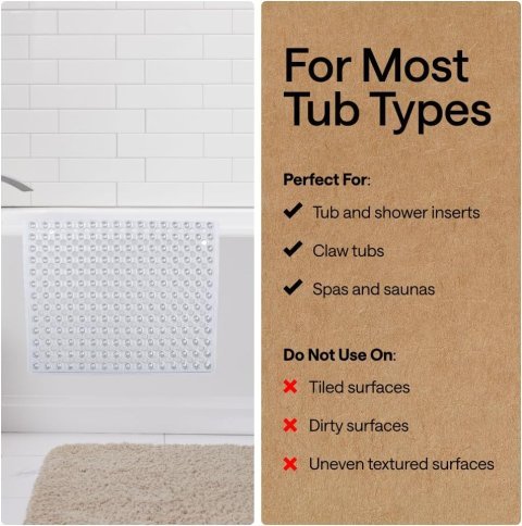 GORILLA GRIP Bath Tub Shower Mat 35x16 Inch | Non Slip Bathtub Mat with Suction Cups and Drain Holes