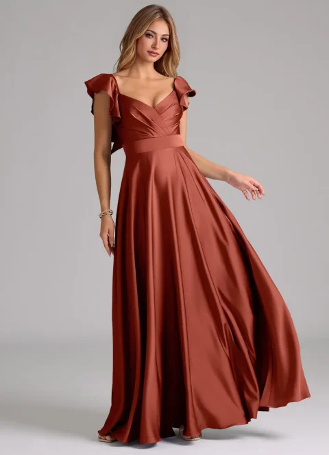 Terracotta A-Line Ruched Stretch Satin Dress