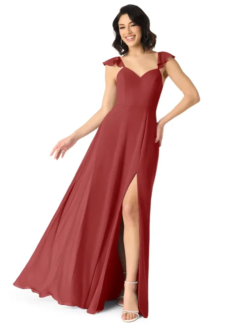 Rust A-Line V-neck Ruched Chiffon Dress