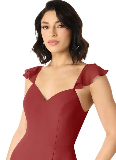 Rust A-Line V-neck Ruched Chiffon Dress