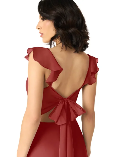 Rust A-Line V-neck Ruched Chiffon Dress