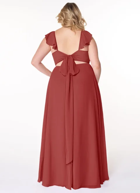 Rust A-Line V-neck Ruched Chiffon Dress