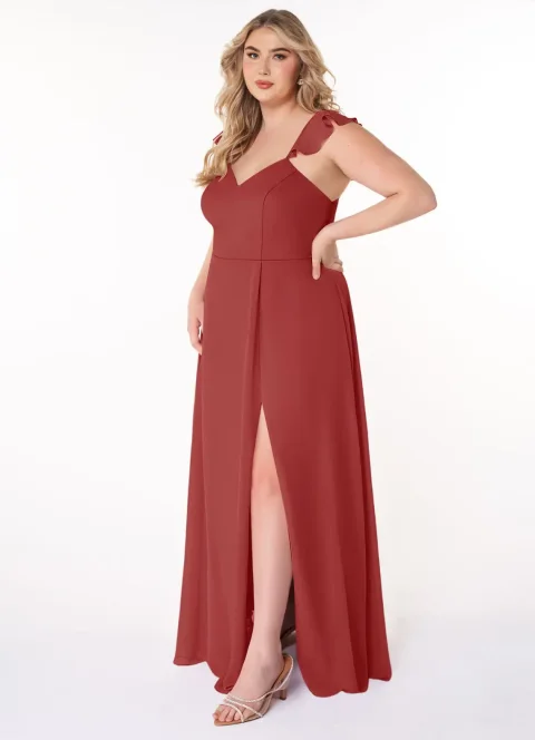 Rust A-Line V-neck Ruched Chiffon Dress