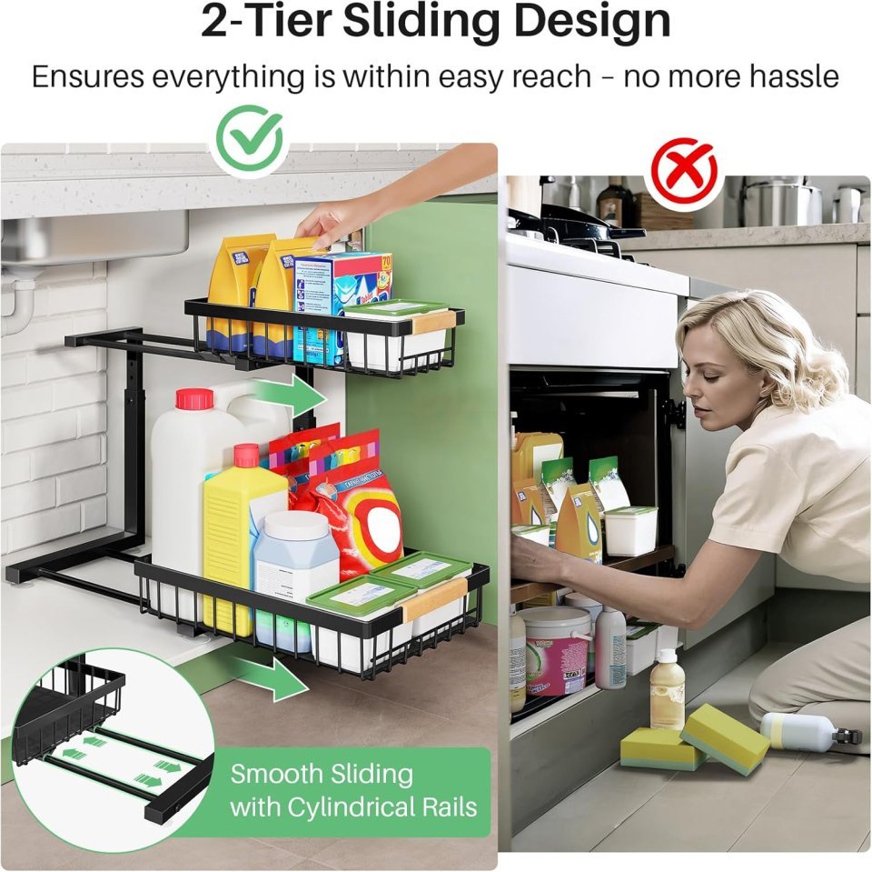 Kitstorack Under Sink Organizer 2 Pack | 2 Tier Sliding Cabinet Storage Shelves for Kitchen and Bathroom Organization