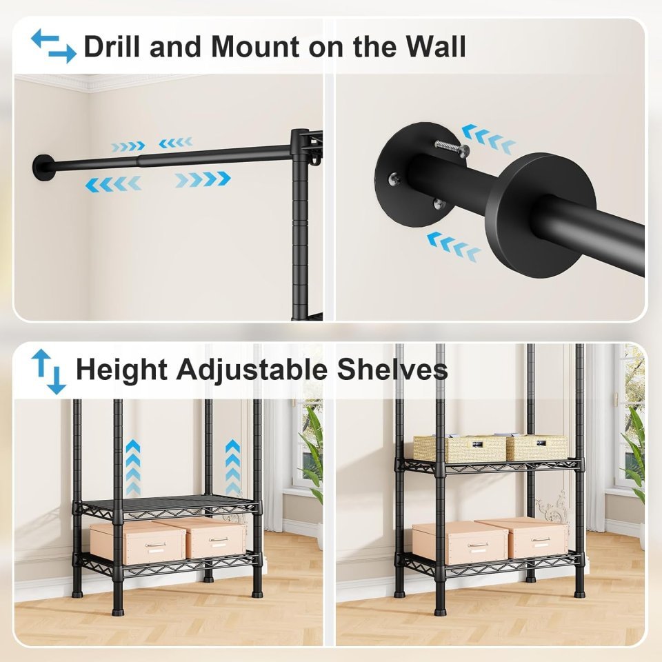 Ulif M2 Wall Mounted Closet System | Expandable Clothes Rack Organizer with 4 Hanging Rods and 5 Storage Shelves