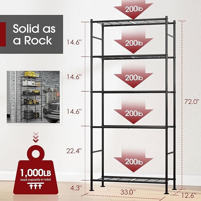 Buy 5-Tier Heavy-Duty Metal Storage Shelves Online | Multi-Purpose Shelving Unit for Garage, Pantry, Kitchen & Home Organization