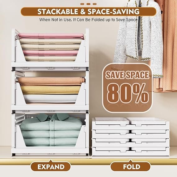 SNSLXH 5 Pack Stackable Closet Storage Baskets | Foldable Space Saving Closet Organizer for Clothes and Home Storage