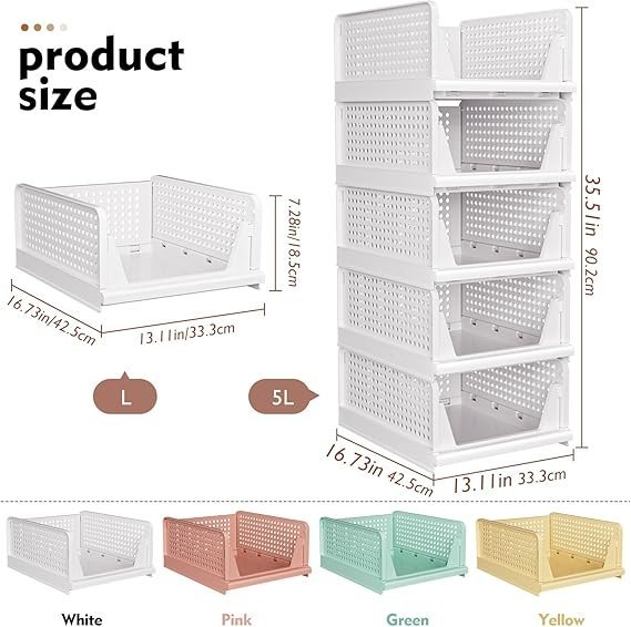 SNSLXH 5 Pack Stackable Closet Storage Baskets | Foldable Space Saving Closet Organizer for Clothes and Home Storage