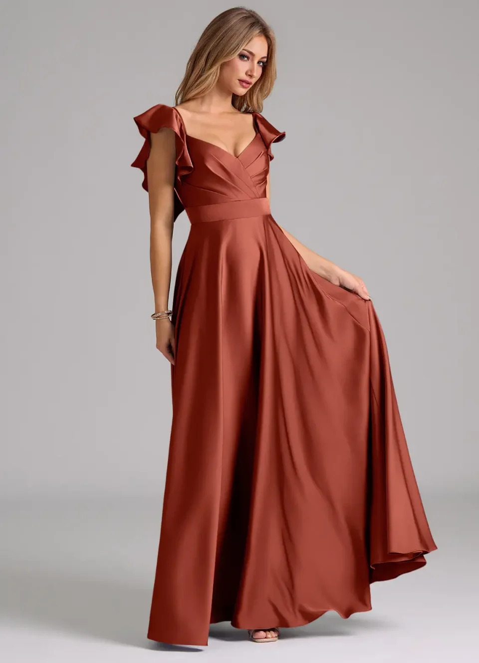 Buy Terracotta A-Line Ruched Stretch Satin Dress Online