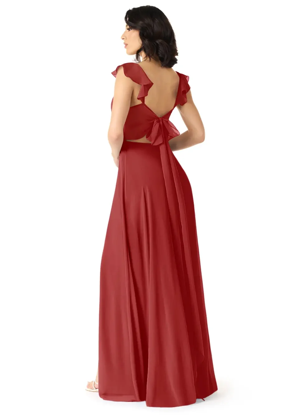 Rust A-Line V-neck Ruched Chiffon Dress