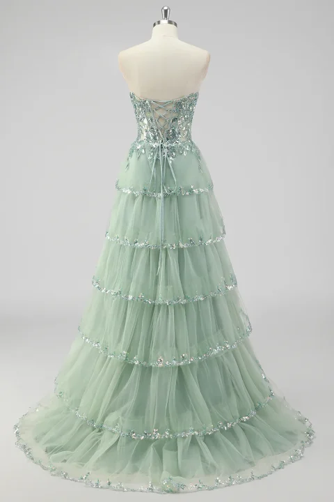 Buy Sage Green Sequin Corset Prom Dress with Slit