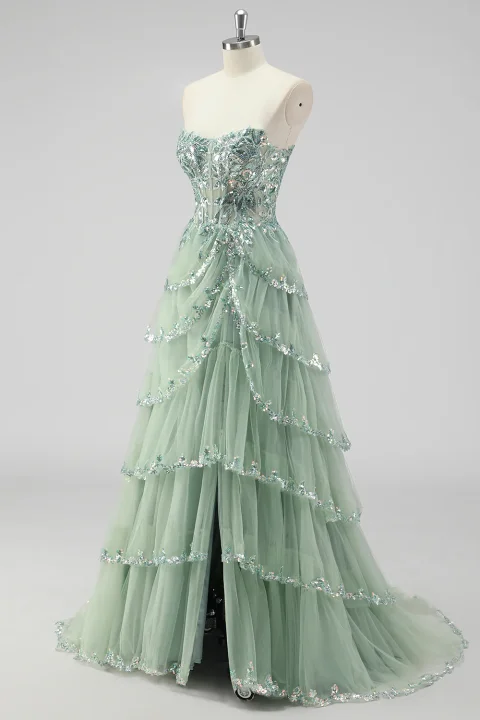 Buy Sage Green Sequin Corset Prom Dress with Slit