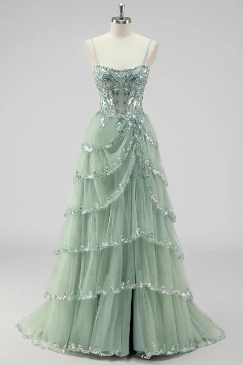 Buy Sage Green Sequin Corset Prom Dress with Slit