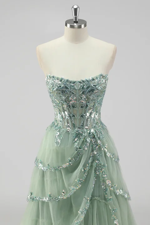Buy Sage Green Sequin Corset Prom Dress with Slit