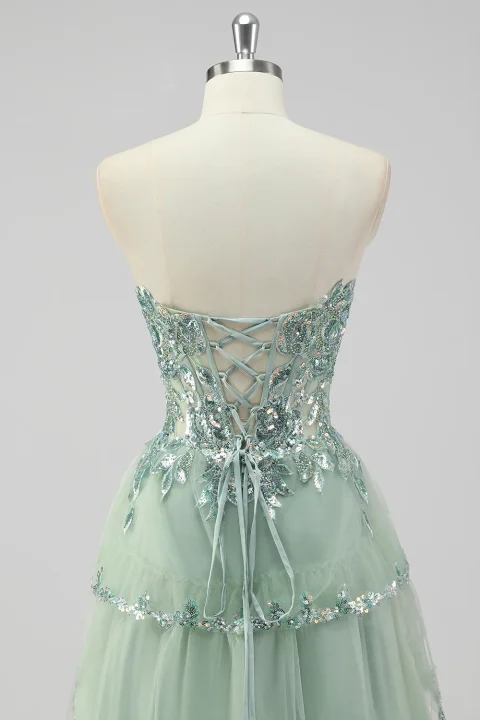 Buy Sage Green Sequin Corset Prom Dress with Slit